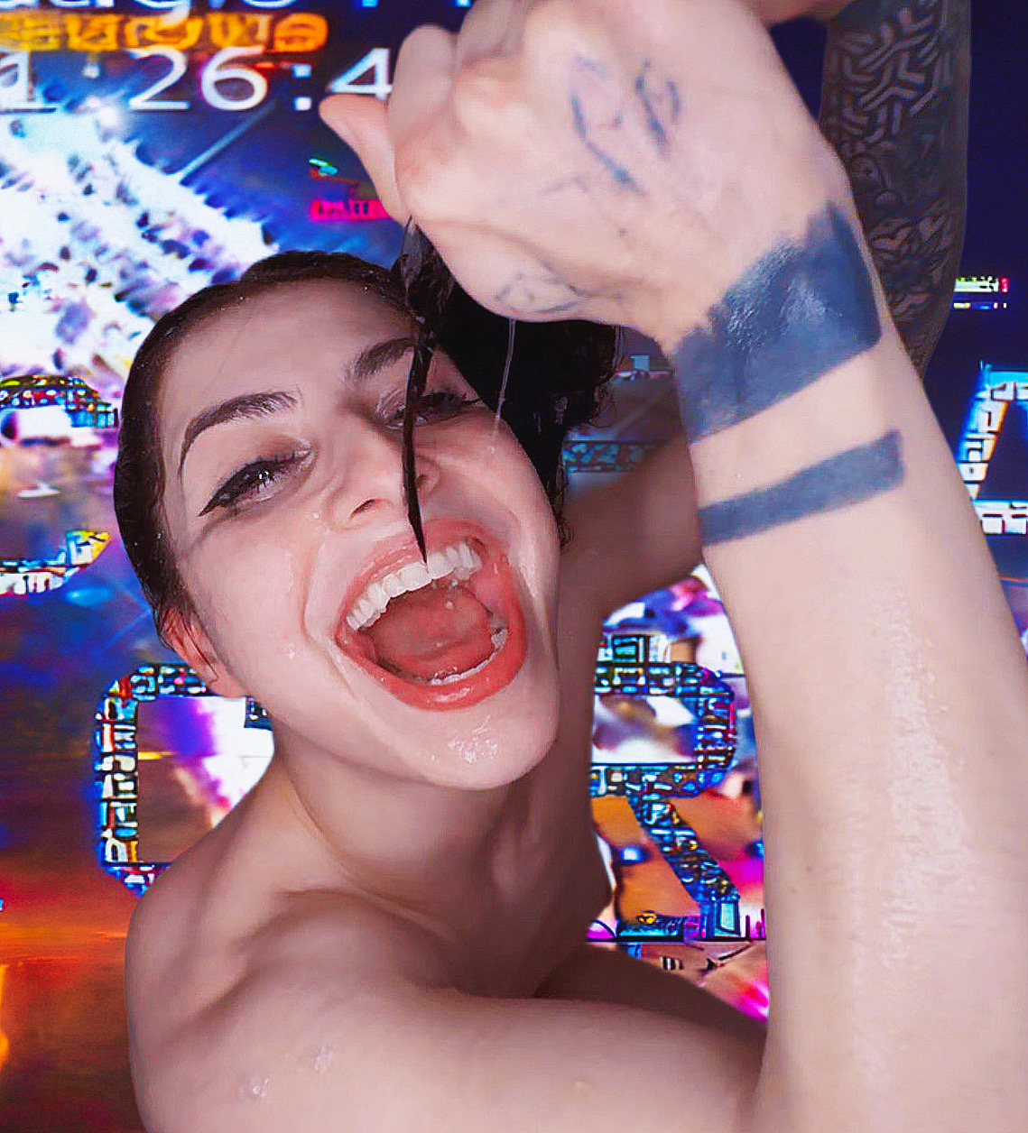 Static, close portrait, neon behind her
